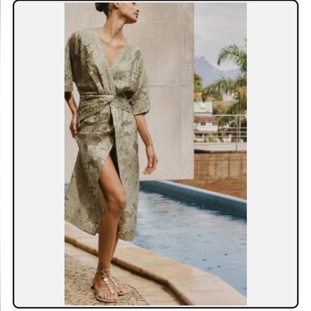 Zara Olive Green Floral Wrap Midi Dress